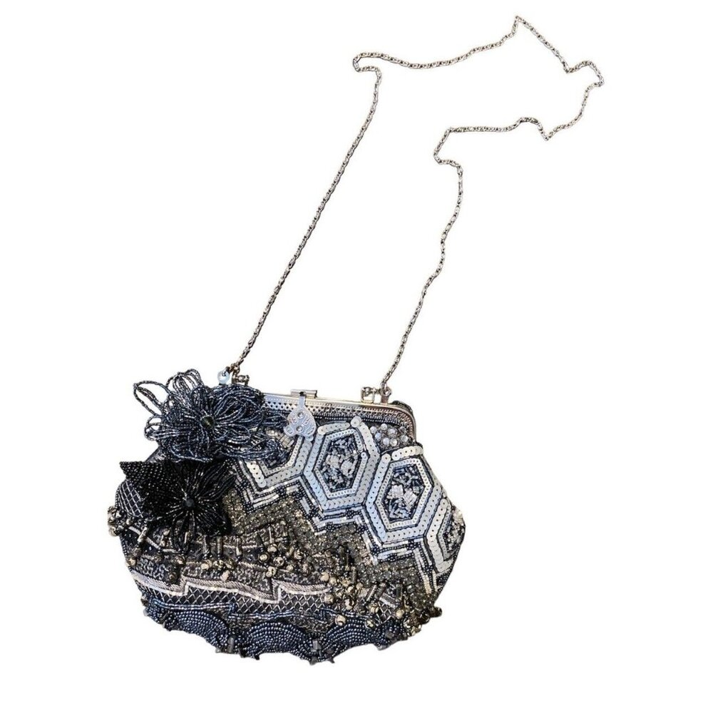 Chicos Black Grey White Flower Beaded Embellished Handbag Purse Clutch